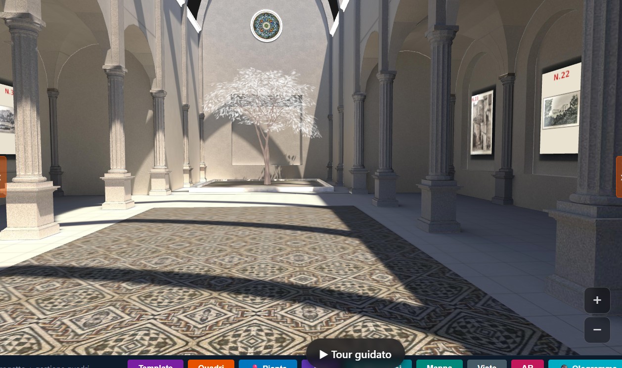 Una sala della galleria virtuale con le cartoline alle pareti